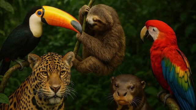 Vibrant wildlife video concept featuring a toucan, sloth, jaguar, otter, and parrot. Eye-level angle captures the lush, tropical rainforest setting. Live desktop wallpaper.