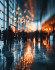Blurred People Walking in Modern Hallway