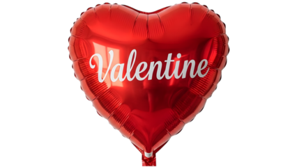 Red foil Valentine heart shaped balloon with white cursive text Valentine isolated on a transparent background