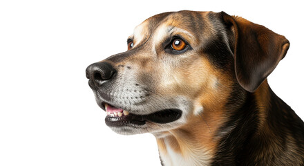 A brown and black dog with white markings on its face isolated on transparent background looking to the side