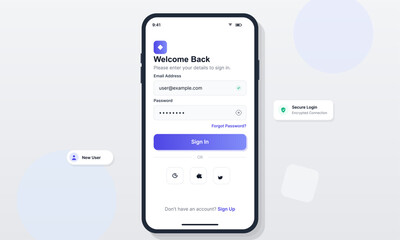 Screen displays a welcome message asking for an email address and password to log in. Options are available to recover password or sign up for a new account.