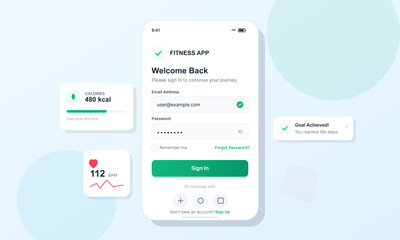 Screen displays welcome message and user login section for a fitness app. It shows calorie count, heart rate, and goal completion. User can sign in or create an account.