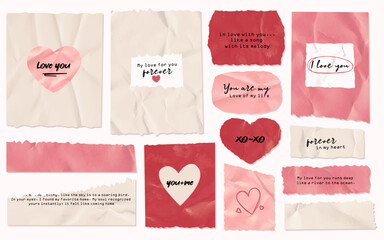 Set of pink wrinkled paper love notes and romantic collage elements for Valentine Day greeting cards