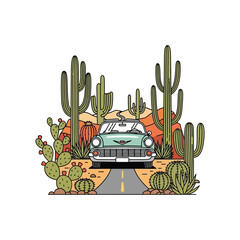 Desert landscape with sand dunes at sunrise or sunset.