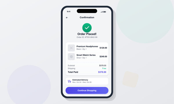 A smartphone screen displays confirmation of an order placed for premium headphones and a smartwatch. The screen shows total amount paid and delivery information.