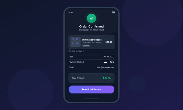 A mobile screen shows an order confirmation for a digital asset purchase. Details include order amount, date, and payment method. The screen has a checkmark indicating success.