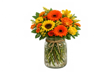 Fresh spring bouquet with orange gerbera daisies, yellow sunflowers, roses, and green leaves in a mason jar, transparent background
