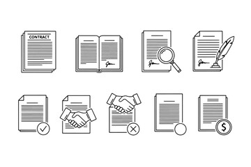 Minimalist legal and business agreement icons with signed contract book handshake magnifying glass and financial document.