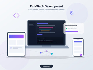 A user works on full-stack development across a desktop computer, tablet, and mobile phone. Colorful code is visible on the screen, showing active software projects.
