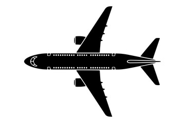 Top view silhouette of a commercial passenger airplane for travel aviation transport and aerospace industry design.