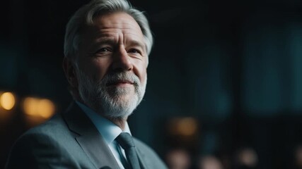 Mature Businessman Speaking at Podium, Confident Leader, Executive Presentation.