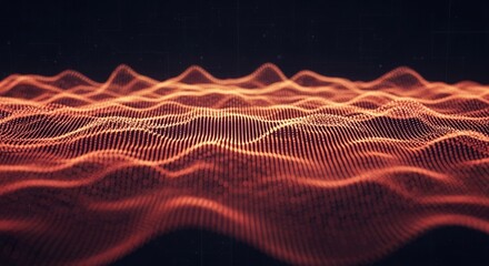 A vibrant digital landscape with glowing orange waves on a dark background