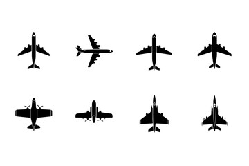 Collection of airplane silhouettes in circles showing various aircraft types from top and side view perspectives.