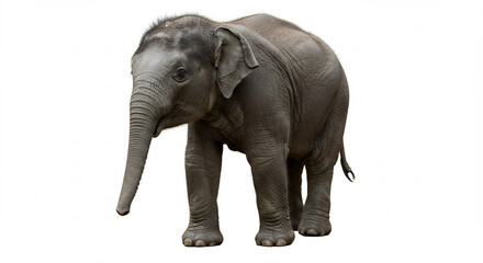 Fototapeta premium Curious baby elephant calf stands alertly expertly isolated on a brilliant pure white background with soft even lighting.. AI Generated