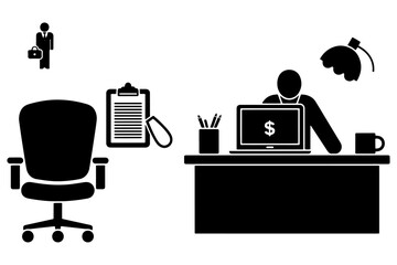 Workplace productivity concept with an office chair, a calculator, a clipboard, and a businessman working on a laptop with a money symbol.