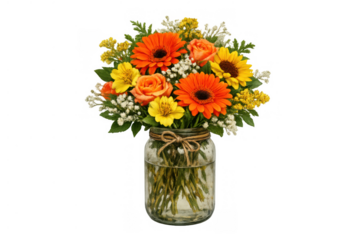 Vibrant fall floral bouquet arranged in a glass mason jar, presenting warm orange, yellow, and green flowers