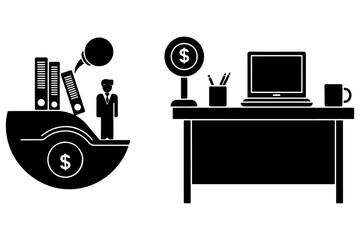 Investment and career growth concept with business professional office desk laptop and financial profit success symbols.