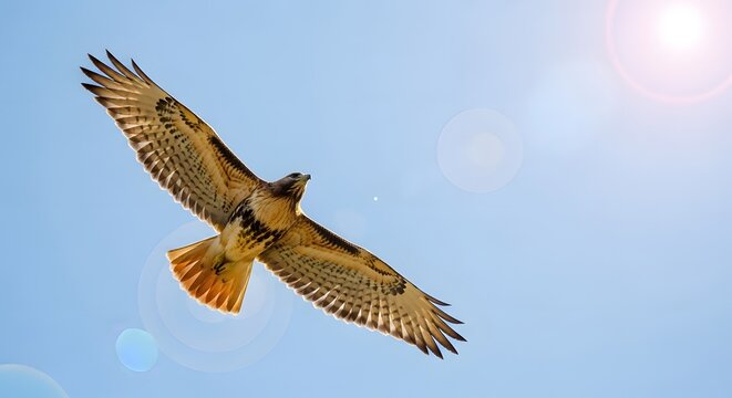 Red tailed hawk soaring against bright blue sky