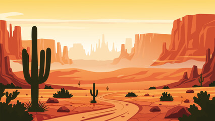 Vibrant Desert Landscape Vector Illustration with Cacti and Mesas, Evoking a Sense of Adventure and Exploration