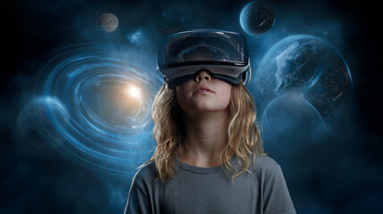 Child using virtual reality headset for metaverse, child looking into VR glasses. Little girl boy with futuristic glasses having fun, teenager playing video games. Technology, simulator, oculus future