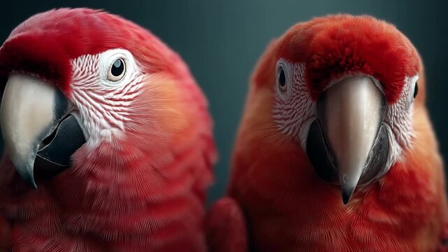 Close Up Portrait of Two Scarlet Macaws Facing Camera, Vibrant Tropical Birds.