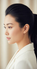 Elegant Asian woman with sleek hairstyle and subtle makeup, in profile, wearing a white shirt, showcasing beauty and grace.