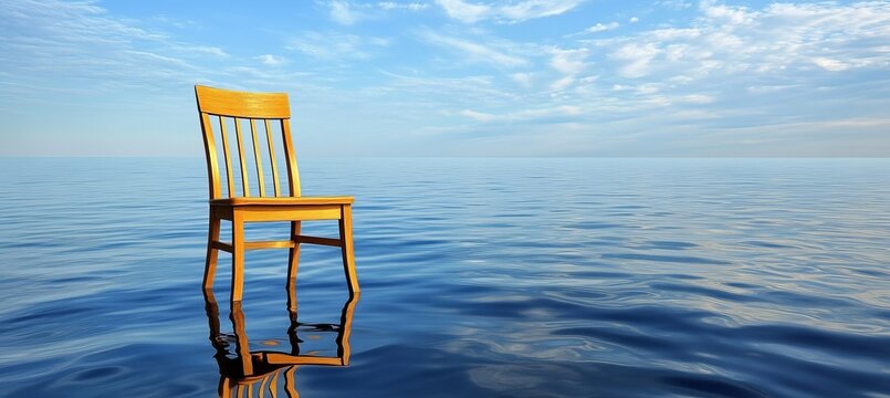Elegiac Empty Traditional Oak Wood Dining Chair on The Vast Lake with Tranquil Water Reflection