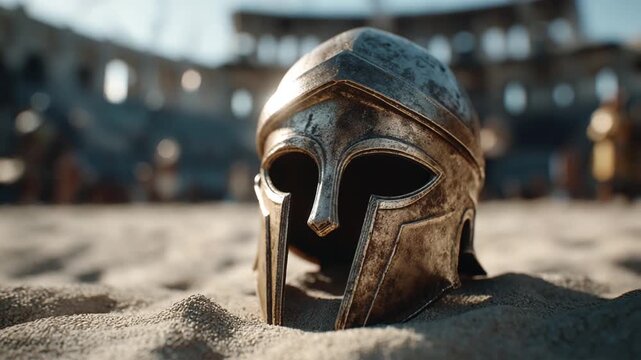 Ancient Roman Gladiator Helmet in Arena Sand, Closeup.