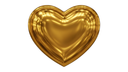 Shiny golden heart shaped with reflective metallic surface isolated on a transparent background