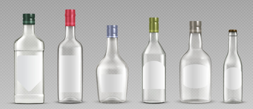 Alcohol drink bottles set isolated on transparent background. Vector realistic illustration of glass containers for wine, champaign, whiskey, vodka, beer, tequila with caps, blank package mockups