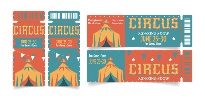 Circus show tickets set isolated on white background. Vector cartoon illustration of vintage coupon template with circus tent and retro style text, admission to funfair or entertainment festival