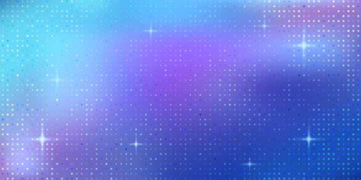 Abstract blue and purple pixel gradient with sparkles. Vector realistic illustration of video screen background with mosaic texture, shimmering aurora color particles, shimmering led display pattern