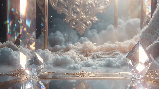 Ethereal Landscape with Crystal Formations and Clouds in a Dreamlike Atmosphere