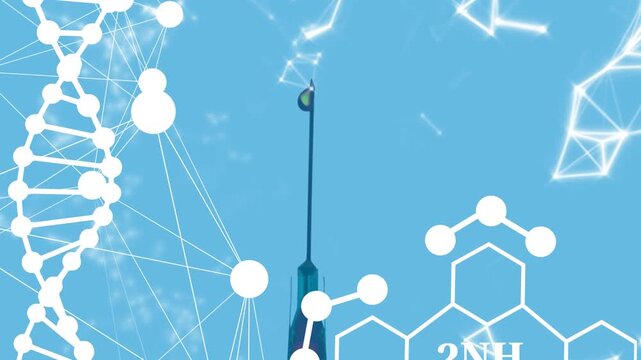 Animation of dna, molecules and connections over syringe and blue background