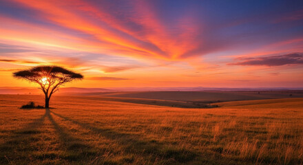 Lone acacia tree silhouetted against a vibrant African savannah sunset, capturing the beauty of nature and tranquil calm.