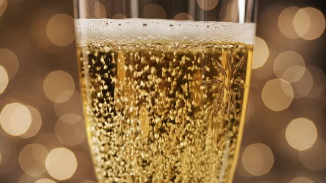Sparkling holiday celebration drink in a glass with a snowflake decoration and bokeh light background