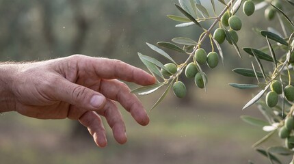 Close-up of a human hand gently touching green olives on a branch in a sunlit olive grove.