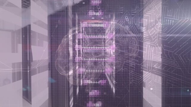 Animation of rotating dna with human brain over microprocessor with lock
