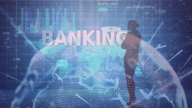 Animation of banking, globe, graphs and data on navy background