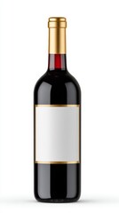 Obraz premium Elegant Red Wine Bottle with a Blank Label, Perfect for Custom Branding and Photography in a Studio Setting, Showcasing the Rich Color of the Wine and Its Sophisticated Packaging