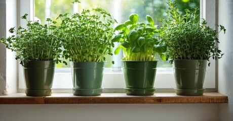 Herbs grow inside pots upon windowsill. Bright sunlight illuminates lush greenery, creating calm indoor garden scene.