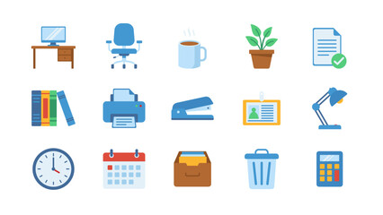Office Stationery and Workspace Icon Set, Flat Vector Illustration of Business Equipment, Desk Supplies, and Work from Home Elements
