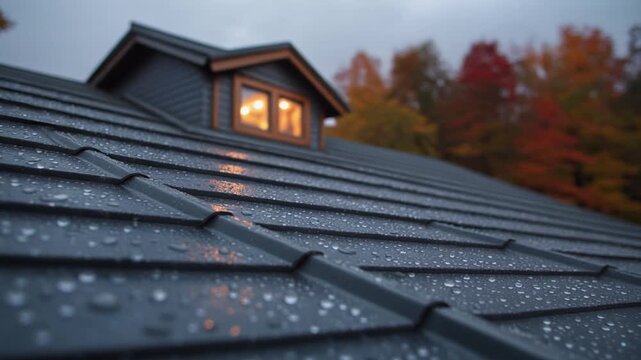 Autumn Rain on Gray Metal Roof with Cozy Dormer Light