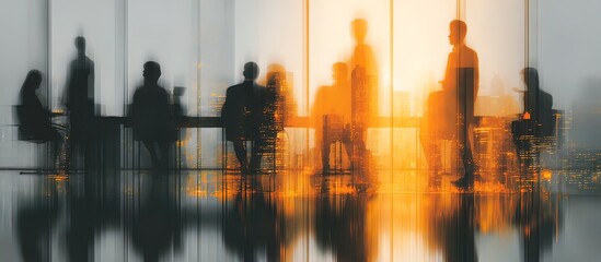 Business people in motion at sunset