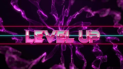Animation of level up text over digital mountains on red background - Powered by Adobe