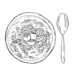 Oatmeal Breakfast with berries and fruit in bowl on table. Vector Hand Drawn Illustration.