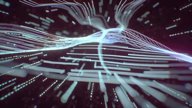 Cinematic 4K video futuristic neural network, glowing data streams flowing 3D circuit pathways, holographic nodes pulsing blue, teal neon purple light, dynamic tunnels light, digital graphs charts AI