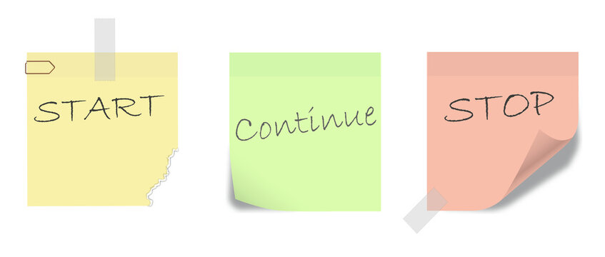 Start, Continue, Stop. Colorful sticky notes to be used by agile development teams for retrospective evaluation. Scrum board usage for software development.