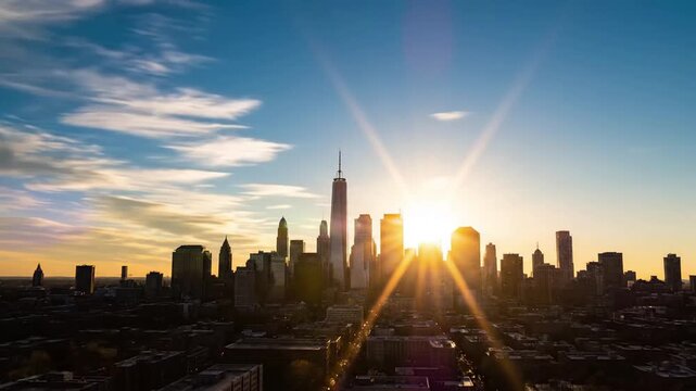 New York City Skyline at Sunset with Sunburst.