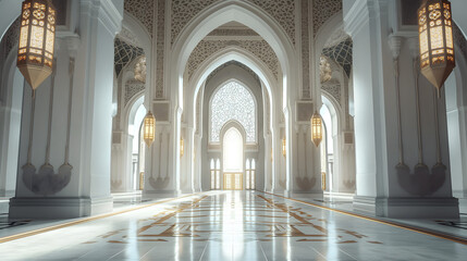 Fototapeta premium A serene and beautiful interior of a large mosque arches and intricate designs